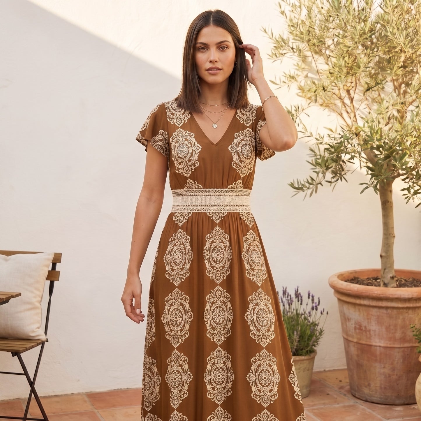 Ravella™ – V-Neck Baroque Print Flutter-Sleeve Maxi Dress + 50% OFF