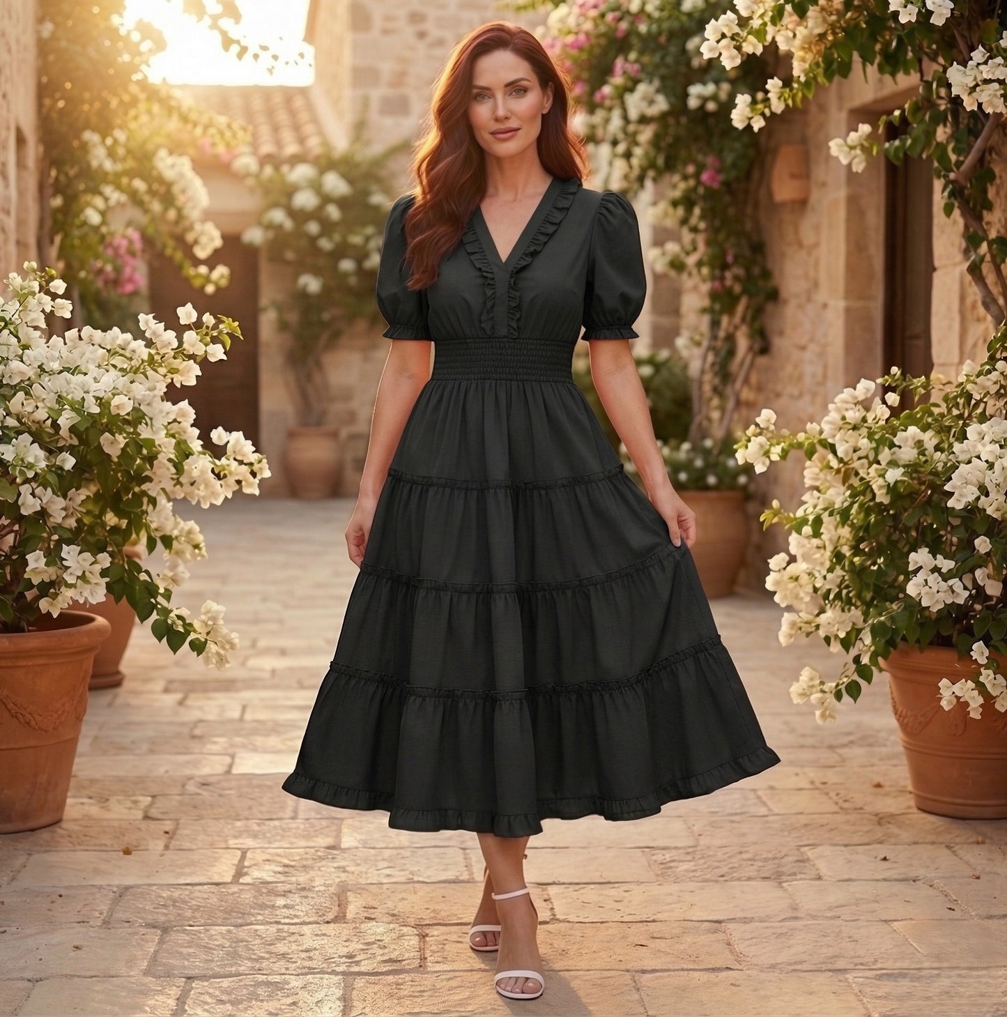 Tiearra™ – Smocked Waist Puff Sleeve Tiered Flowy Midi Dress +50% OFF