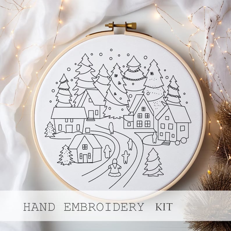 The Snowy Village Embroidery Kit - Create a Christmas Heirloom + 50% OFF