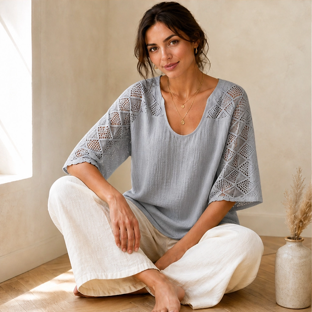 Brisa™ – Lace Openwork U-Neck Short-Sleeve Blouse + 50% OFF