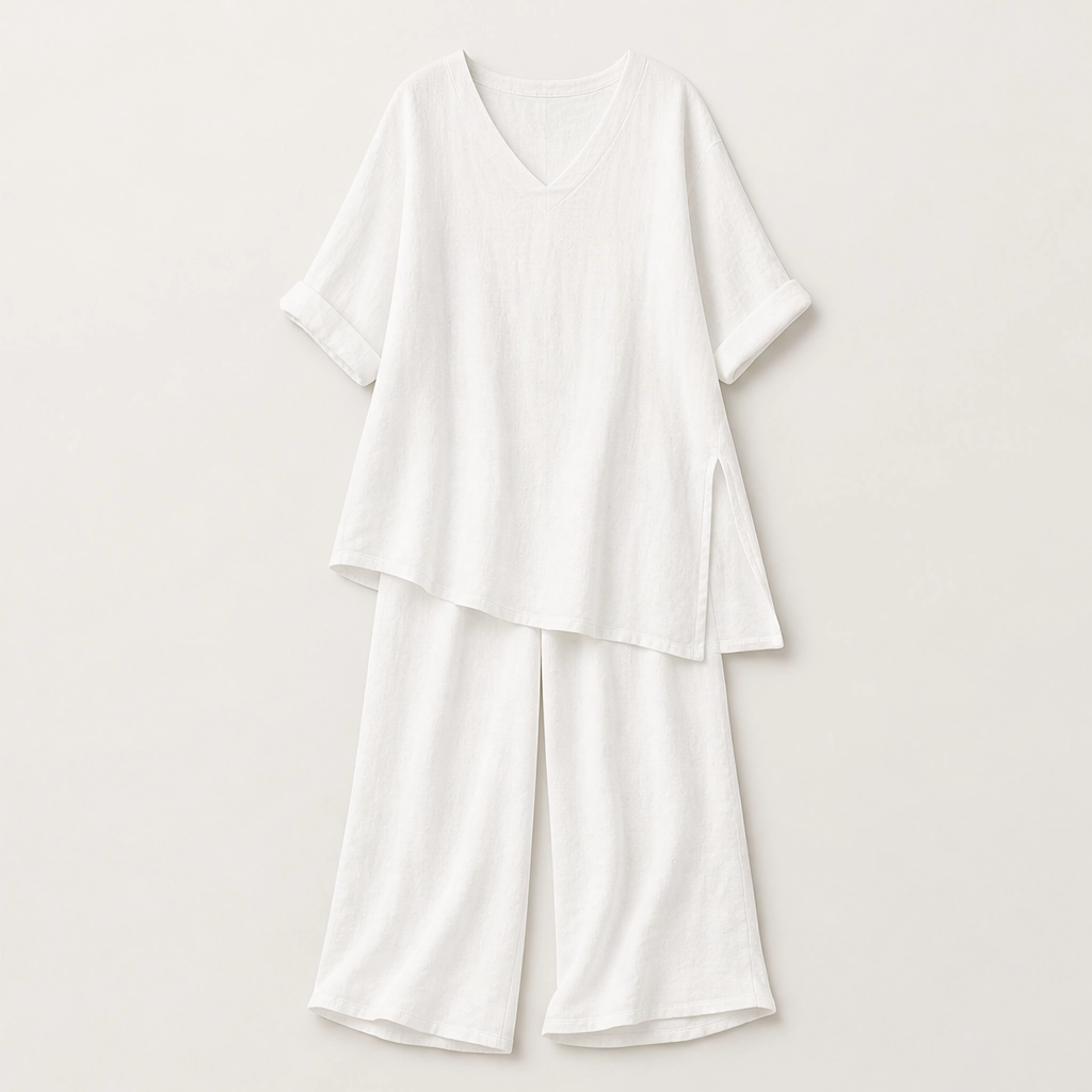 Drapelle™ – Breathable Cotton-Linen V-Neck Tunic & Wide-Leg Trouser Set + 50% OFF