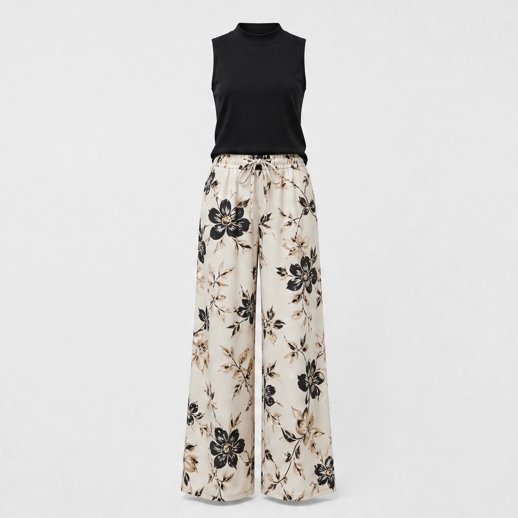 Maison Drape™ – Mock Neck Tank & Wide-Leg Printed Trouser Set +50% OFF