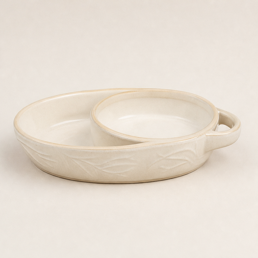 Olira Hearth – Divided Ceramic Serving Dish with Handle + 50% OFF Beige