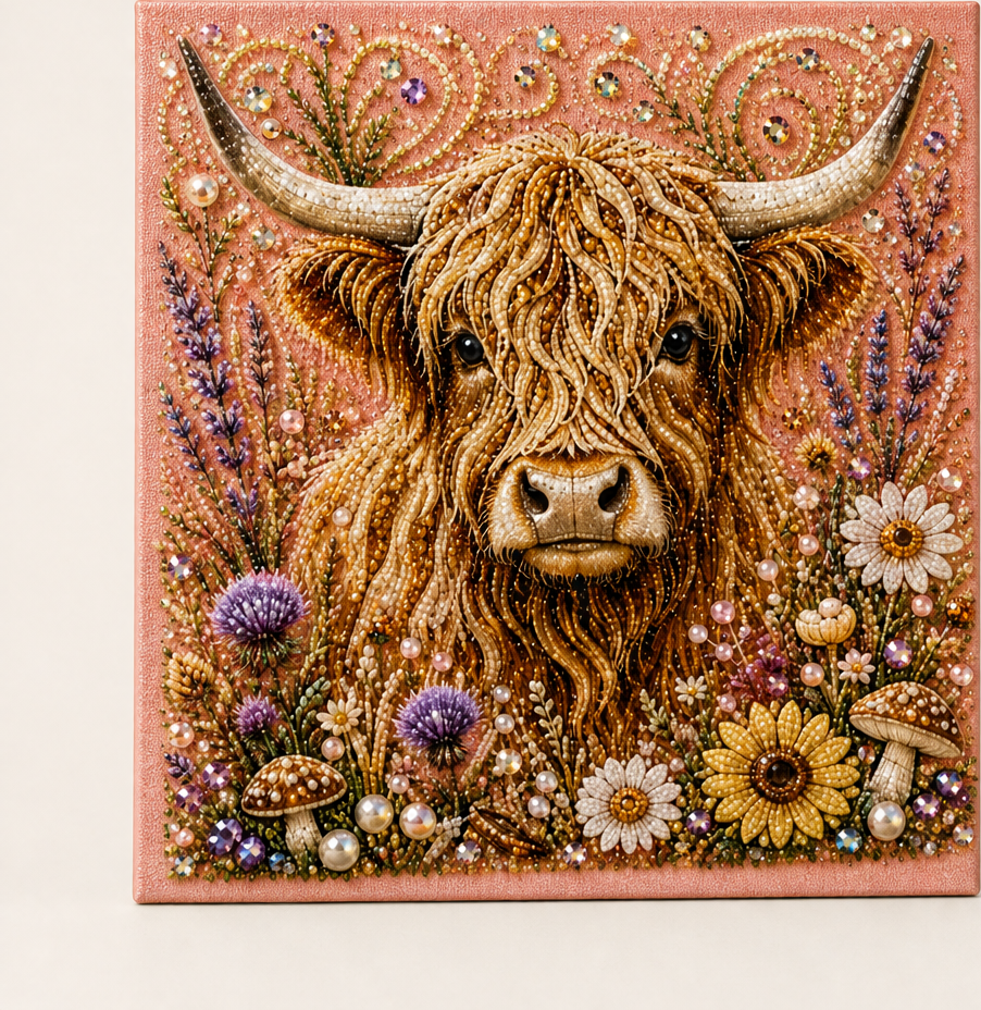 Meadowbead – Highland Cow Pearl Art DIY Canvas Kit + 50% OFF Blush Pink