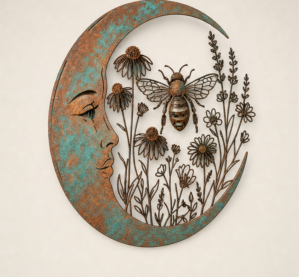 Moonpatina – Hand-Finished Crescent Moon & Bee Outdoor Wall Art + 50% OFF Rust Patina