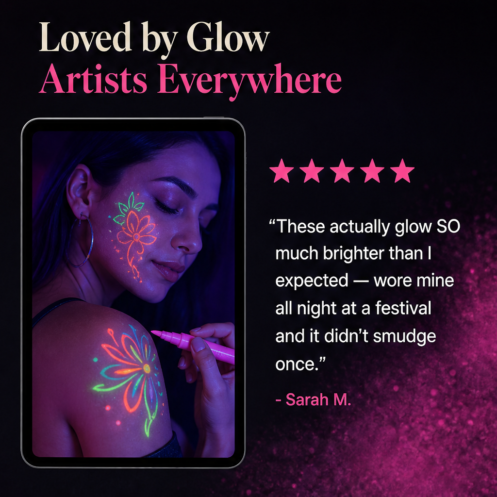 Glintforge – UV Glow Tattoo Markers, Skin-Safe Fluorescent Ink Set + 1+1 FREE detail
