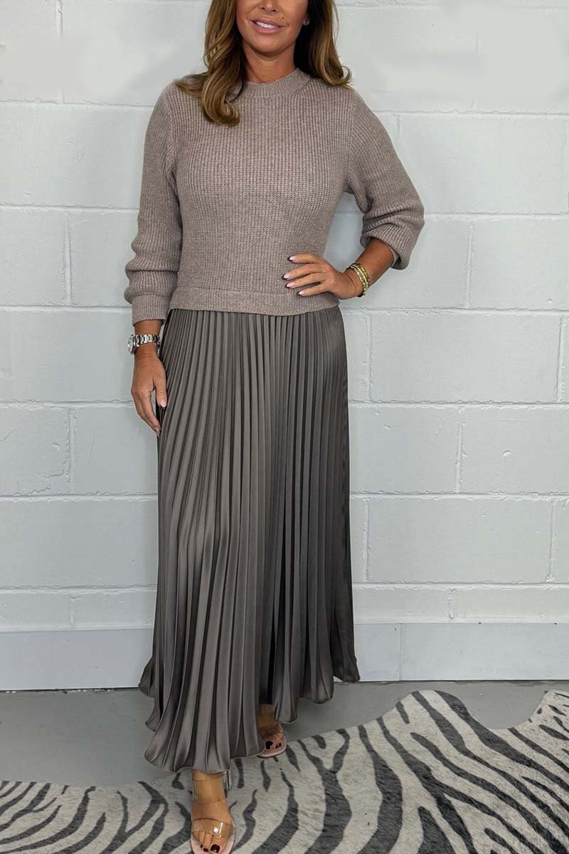 jumper dress with pleated skirt Hima Khaki Pleated Skirt And Knitted Jumper Dress  House Of Haniya