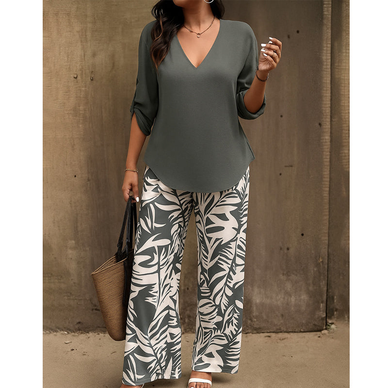 Vinella™ – Elegant V-Neck Top & Leaf-Print Wide-Leg Pants Set + 50% OFF