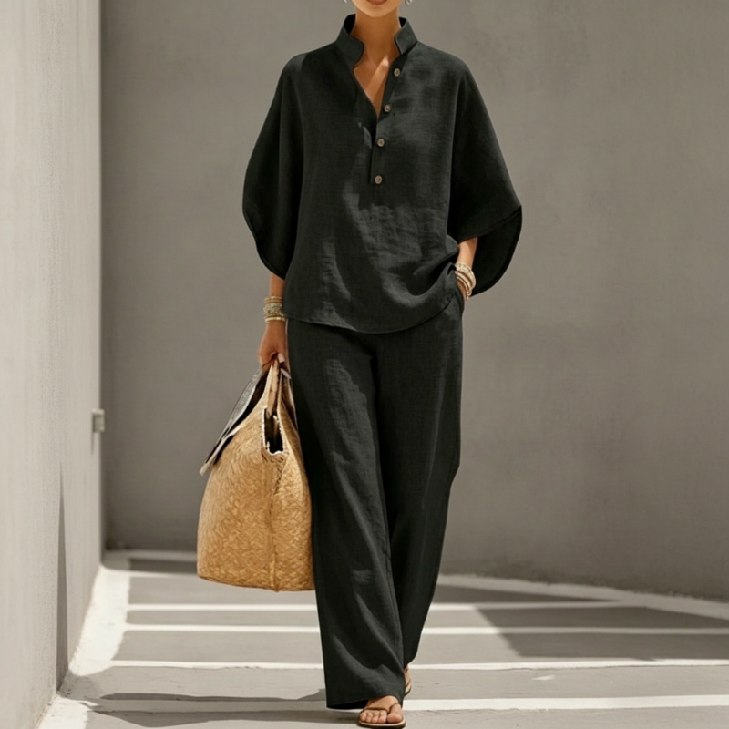 Drapelle – Stand-Up Collar Top & Wide-Leg Trouser Co-ord Set + 50% OFF
