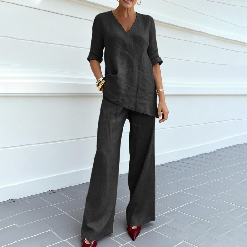 Linelle™ – Breathable Cotton-Linen V-Neck Tunic & Wide-Leg Pant Set + 50% OFF