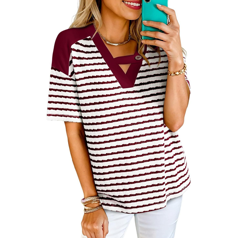 Soliane™ – Criss-Cross V-Neck Striped Color-Block Tee + 50% OFF