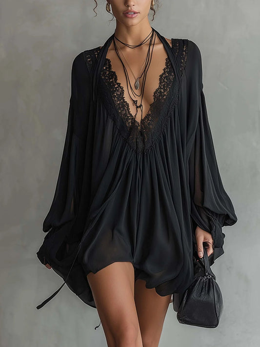 Noirelle™ – Flowy Chiffon Halter Mini Dress with Lace Neckline + 50% OFF