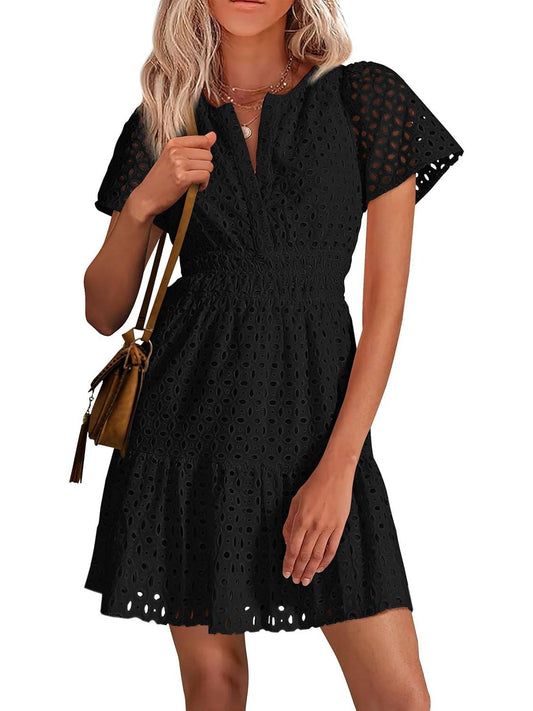 Petalia™ – V-Neck Hollow Out Eyelet Lace A-Line Dress + 50% OFF
