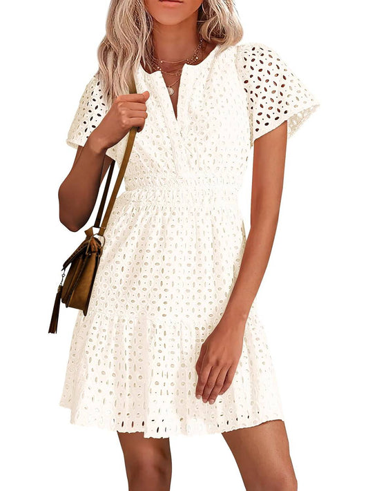 Petalia™ – V-Neck Hollow Out Eyelet Lace A-Line Dress + 50% OFF