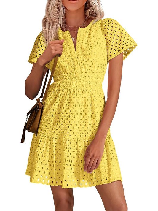 Petalia™ – V-Neck Hollow Out Eyelet Lace A-Line Dress + 50% OFF