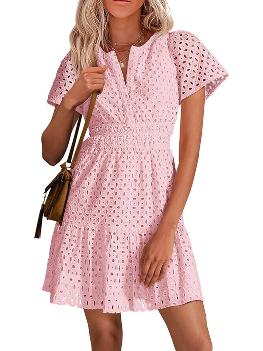 Petalia™ – V-Neck Hollow Out Eyelet Lace A-Line Dress + 50% OFF
