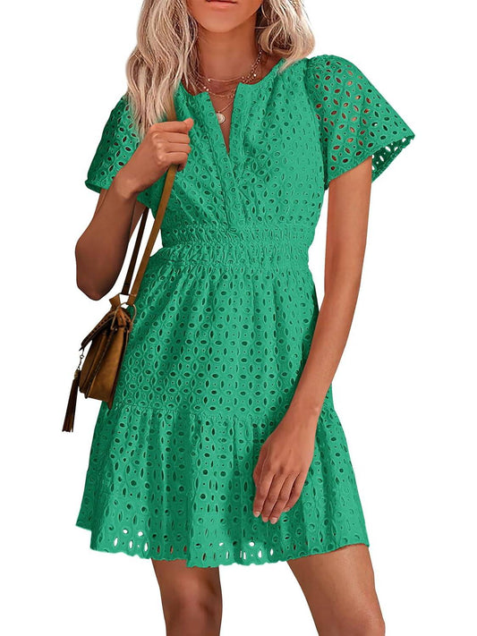 Petalia™ – V-Neck Hollow Out Eyelet Lace A-Line Dress + 50% OFF