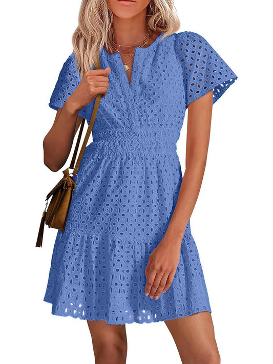 Petalia™ – V-Neck Hollow Out Eyelet Lace A-Line Dress + 50% OFF