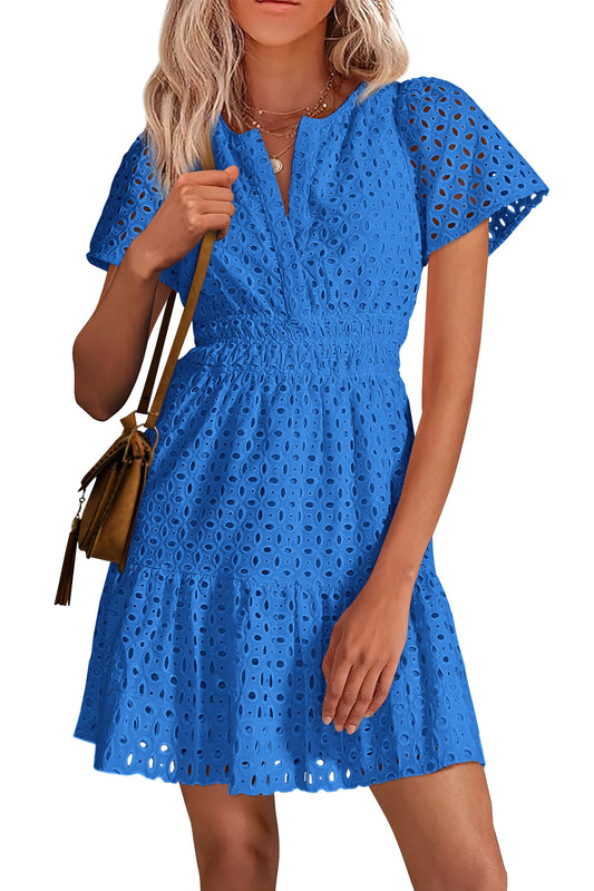 Petalia™ – V-Neck Hollow Out Eyelet Lace A-Line Dress + 50% OFF