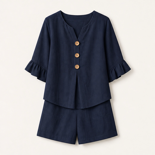 Solene™ – Cotton V-Neck Ruffle Top & Pocket Shorts Two-Piece Set + 50% OFF