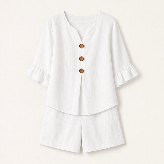 Solene™ – Cotton V-Neck Ruffle Top & Pocket Shorts Two-Piece Set + 50% OFF