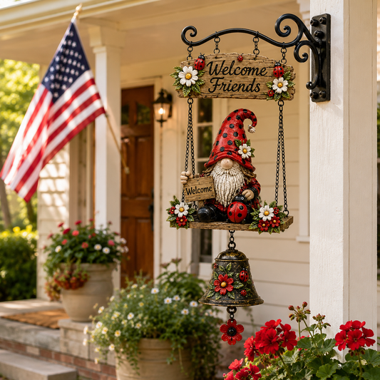 Bellgrove – Ladybug Gnome Hanging Welcome Sign with Swing & Bell + 50% OFF
