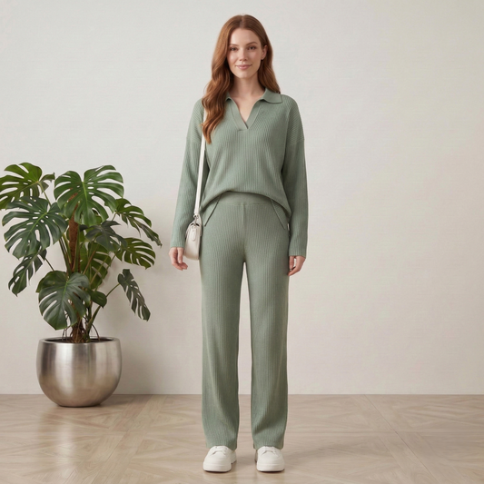 Hemflow™ – Ribbed Knit Side-Slit Top & Wide-Leg Pants Two-Piece Set +50% OFF