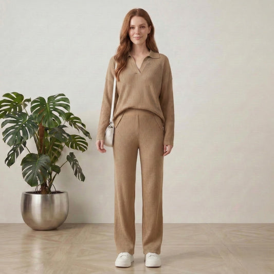 Hemflow™ – Ribbed Knit Side-Slit Top & Wide-Leg Pants Two-Piece Set +50% OFF
