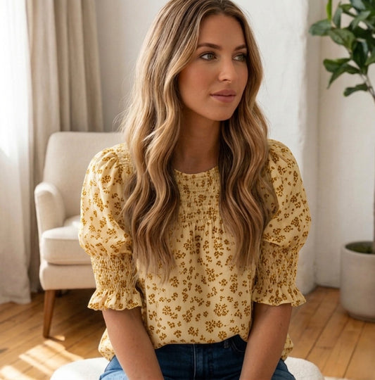 Gossamer™ – Smocked Puff Sleeve Floral Print Blouse +50% OFF