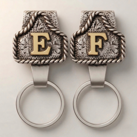 Conchofield™ – Western Initial Belt Clip Keychain, A-Z Letters, Engraved Concho Design + 50% OFF