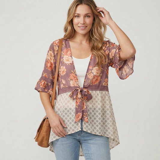 Ruffelle™ – Floral Patchwork Ruffle Sleeve Boho Kimono Cardigan + 50% OFF