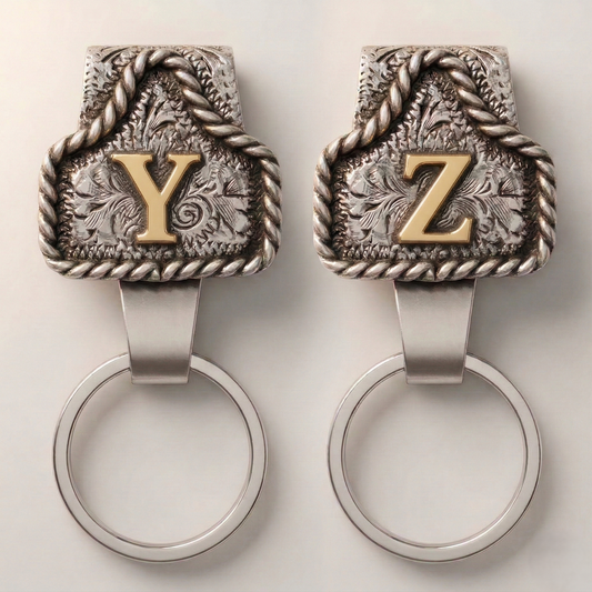 Conchofield™ – Western Initial Belt Clip Keychain, A-Z Letters, Engraved Concho Design + 50% OFF