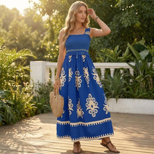 Solaire™ – Smocked Boho Maxi Dress with Pockets, A-Line Tiered Skirt + 50% OFF