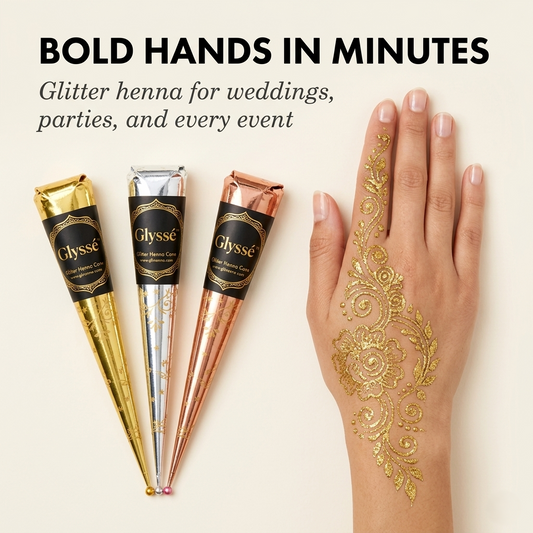 Glyssé™ – Multi-Color Glitter Henna Cones | Skin-Safe, Long-Lasting Body Art (3 Set) + 50% OFF
