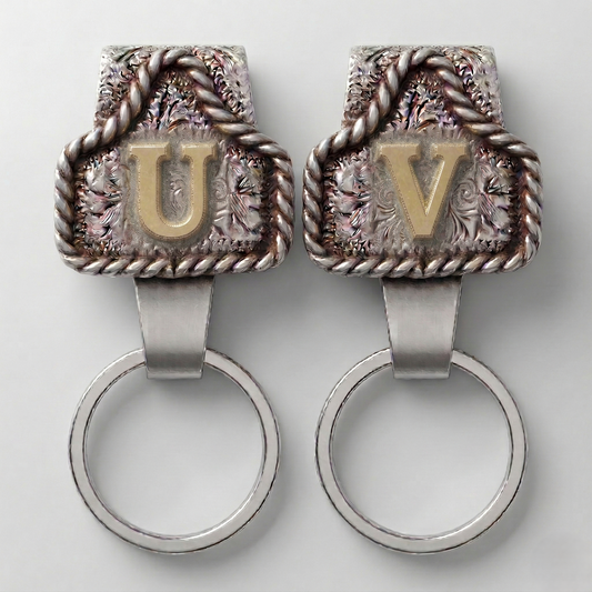 Conchofield™ – Western Initial Belt Clip Keychain, A-Z Letters, Engraved Concho Design + 50% OFF