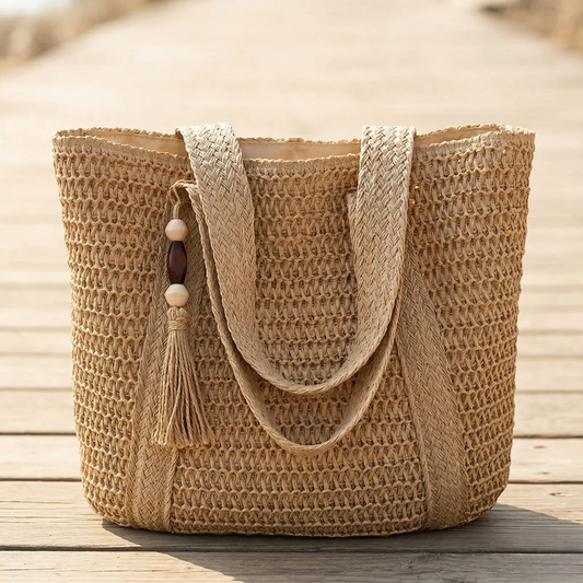 Tassara™ – Woven Straw Tote Bag with Zipper, Tassel & Boho Style + 50% OFF