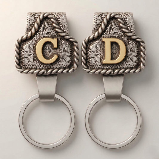 Conchofield™ – Western Initial Belt Clip Keychain, A-Z Letters, Engraved Concho Design + 50% OFF