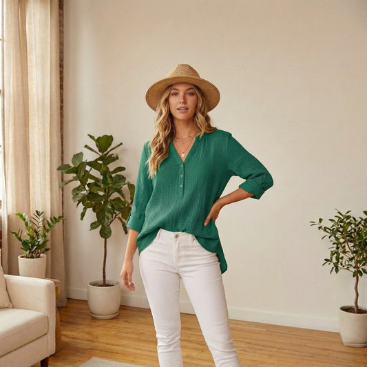 Brezelle™ – Soft Gauze V-Neck Oversized Button-Down Blouse for Women + 50% OFF