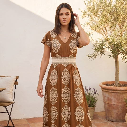Ravella™ – V-Neck Baroque Print Flutter-Sleeve Maxi Dress + 50% OFF
