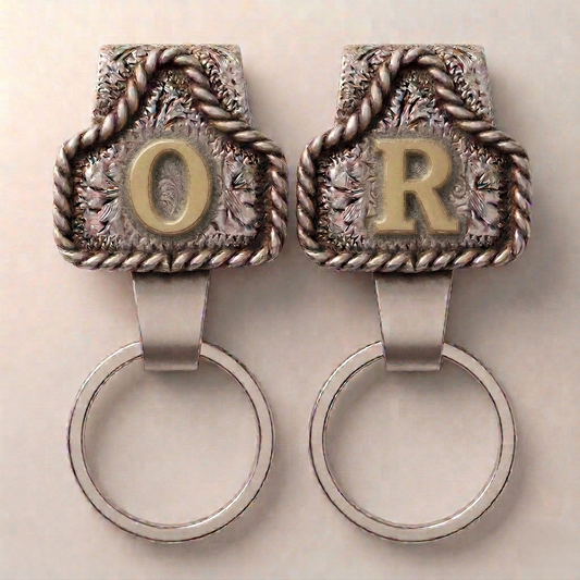 Conchofield™ – Western Initial Belt Clip Keychain, A-Z Letters, Engraved Concho Design + 50% OFF