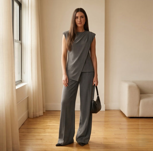 Plennoir™ – Asymmetric Draped Top & Wide-Leg Pants Two-Piece Set + 50% OFF