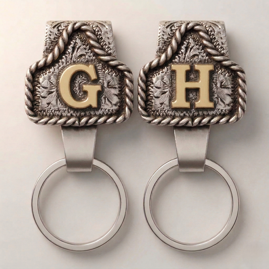 Conchofield™ – Western Initial Belt Clip Keychain, A-Z Letters, Engraved Concho Design + 50% OFF