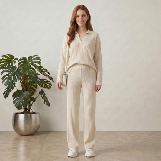 Hemflow™ – Ribbed Knit Side-Slit Top & Wide-Leg Pants Two-Piece Set +50% OFF