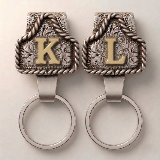 Conchofield™ – Western Initial Belt Clip Keychain, A-Z Letters, Engraved Concho Design + 50% OFF