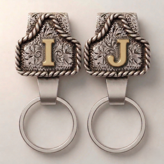Conchofield™ – Western Initial Belt Clip Keychain, A-Z Letters, Engraved Concho Design + 50% OFF