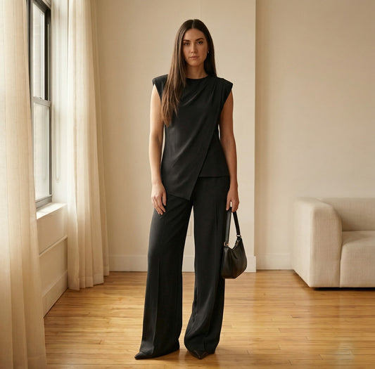 Plennoir™ – Asymmetric Draped Top & Wide-Leg Pants Two-Piece Set + 50% OFF