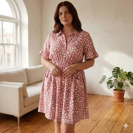 Sundrop™ – Soft Printed Short Sleeve Button Down Babydoll Dress with Pockets + 50% OFF