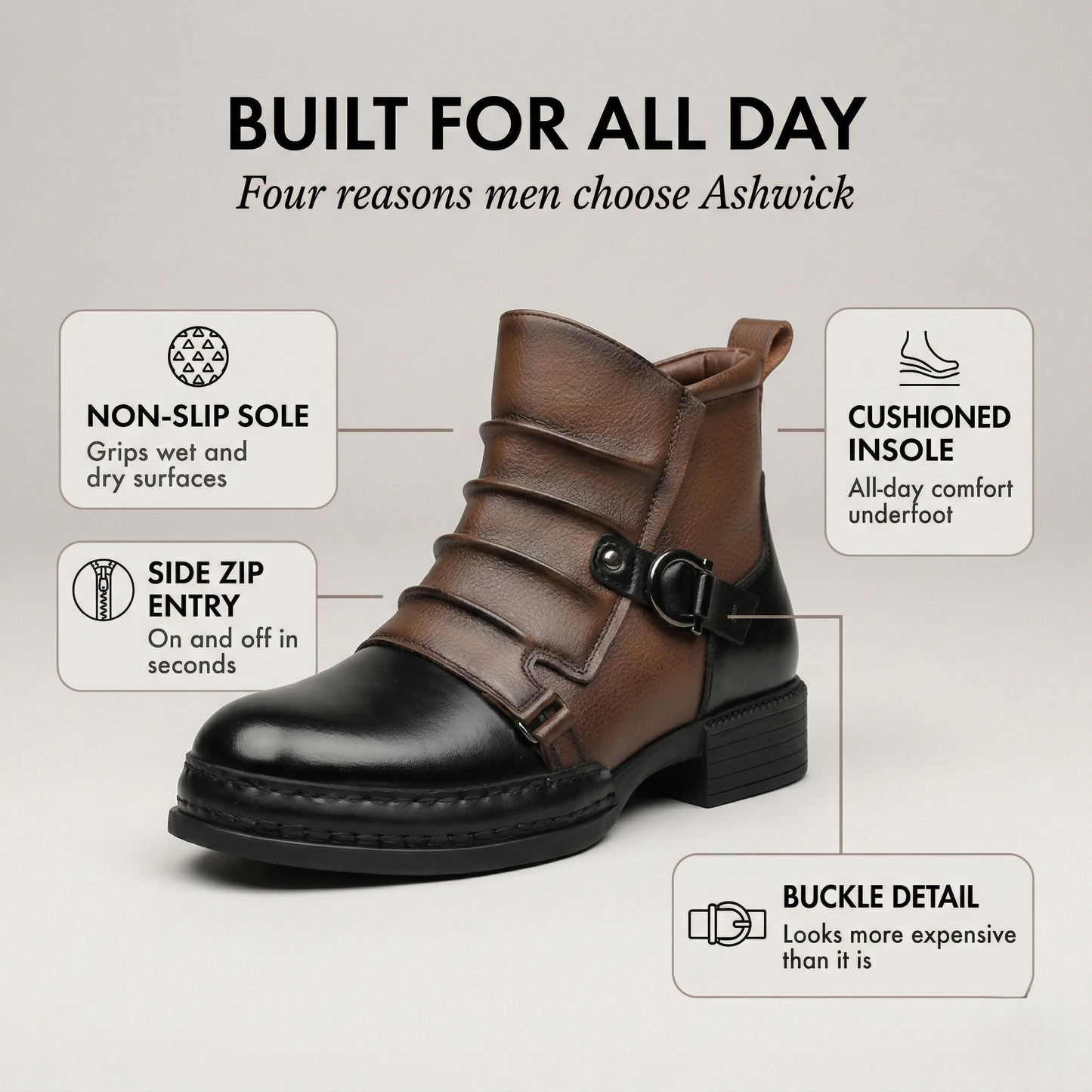 Ashwick™ – Two-Tone Buckle Detail Men's Leather Ankle Boots +50% OFF