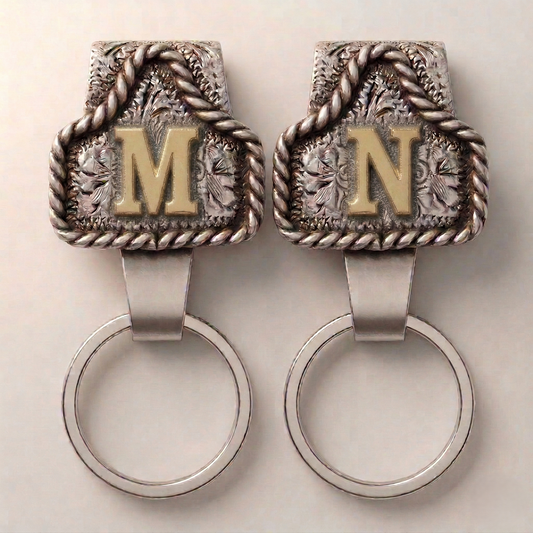 Conchofield™ – Western Initial Belt Clip Keychain, A-Z Letters, Engraved Concho Design + 50% OFF