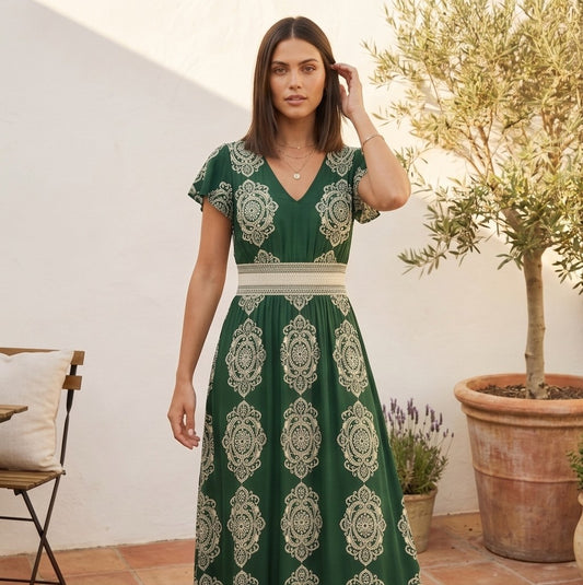Ravella™ – V-Neck Baroque Print Flutter-Sleeve Maxi Dress + 50% OFF